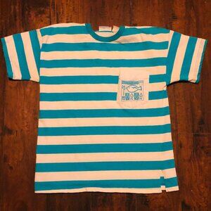 VINTAGE LATE 80S TURQ AND WHITE STRIPE HANG TEN MENS T-SHIRT